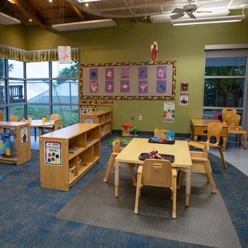 Toddler Classroom, showing the different learning areas including manipulatives, blocks, and the circle area. 